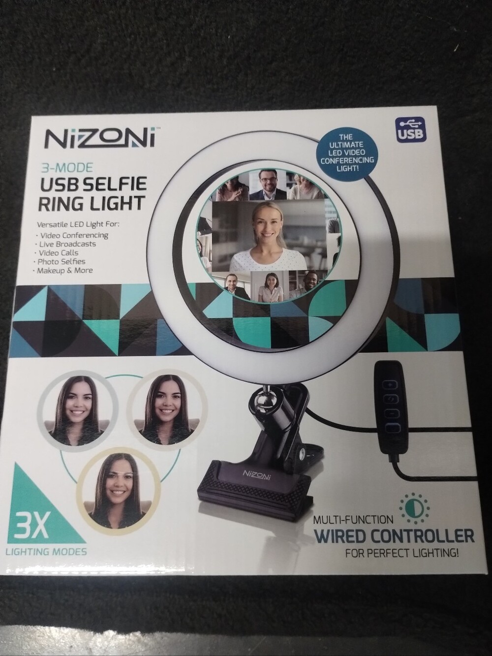 Boxed USB-powered selfie ring light (lighting accessory)